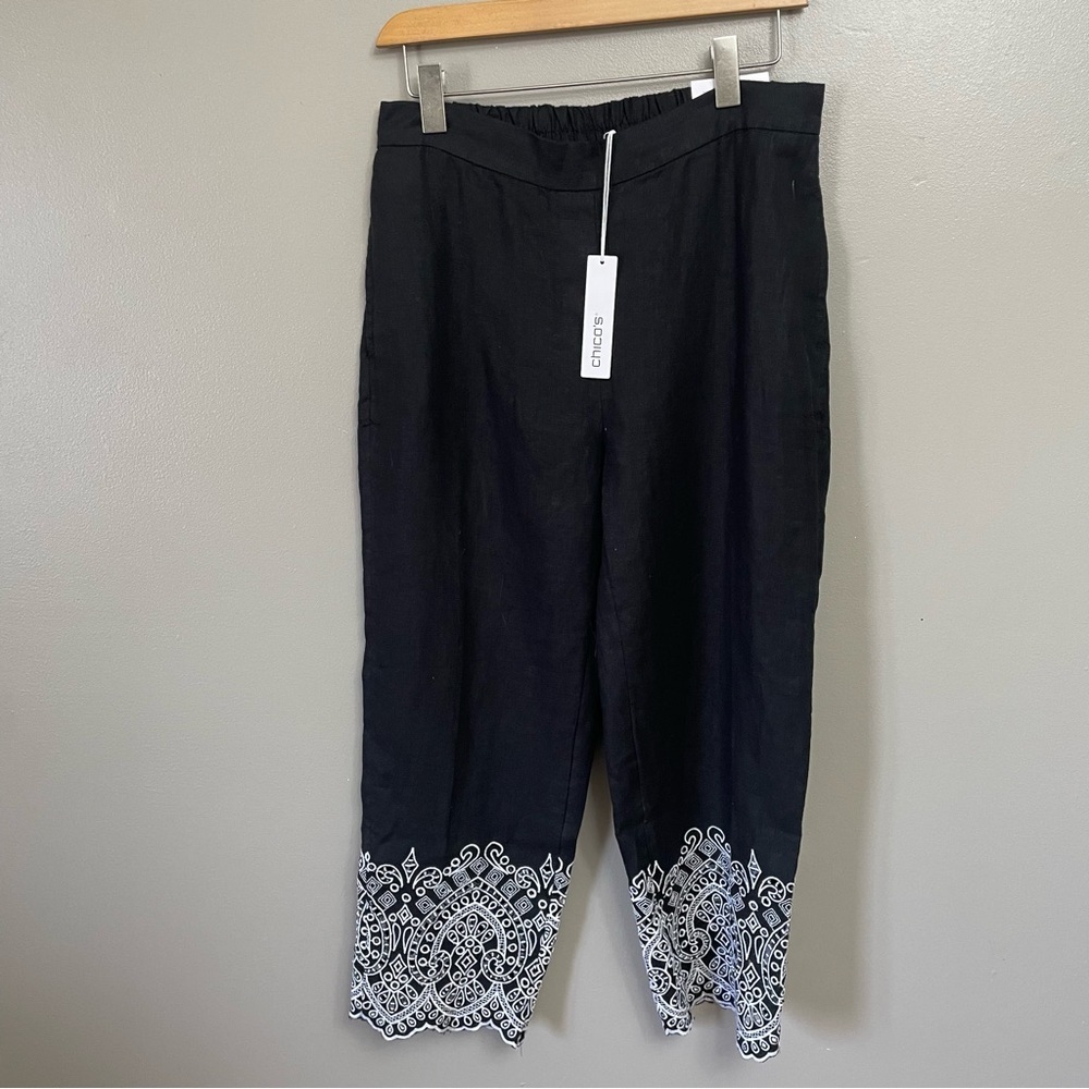 NWT CHICO'S 100% Linen Embroidered Crops Pant Chicos size 0 (US 4)